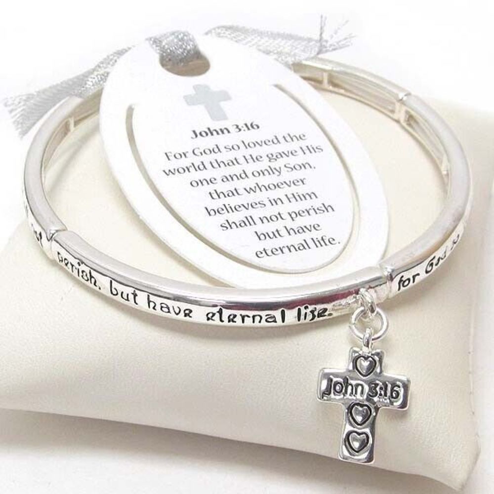Inspirational Message Stretch Bangle Bracelet with Cross Charm John 3:16